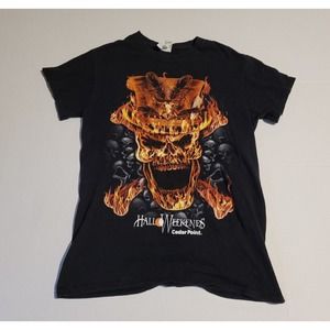 Cedar Point HalloWeekends T Shirt Size Small Black Graphic Flaming Skull